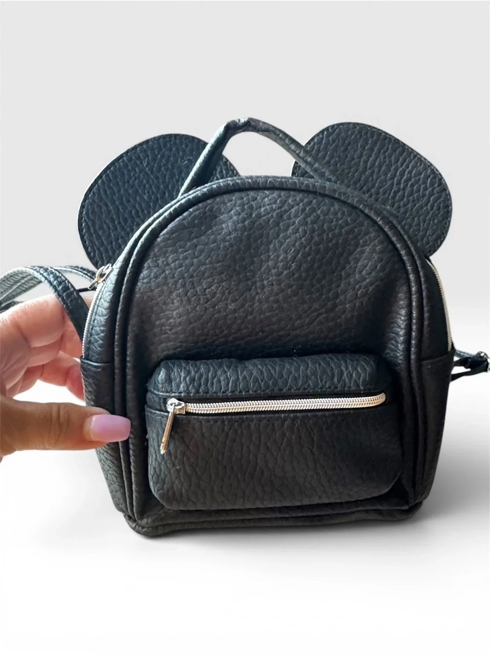 Mini Black Faux-Leather Backpack with Ear Accent